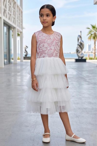 Alesaei-mondo tondo Girls' elegant pink and white evening dress S01326