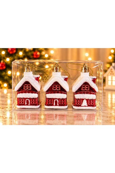 myhomehediyelik Red Christmas House-Shaped Christmas Tree Ornaments, Set of 3