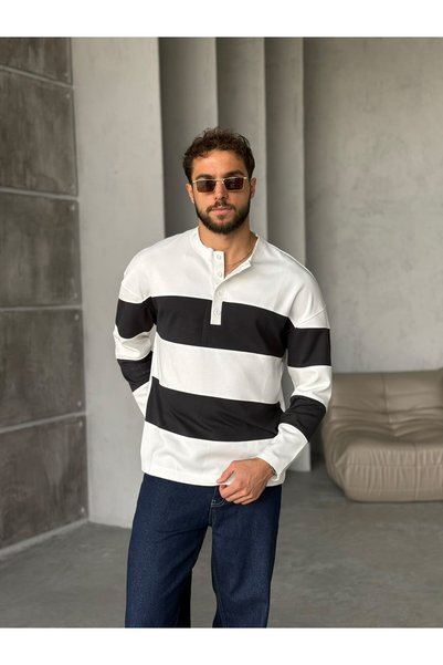 FO4RBS Henley Neck Modal Fabric Striped A, Black