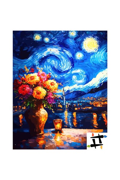 Painting-numbers Set pictura pe numere Noaptea instelata 6521, panza pe rama ...