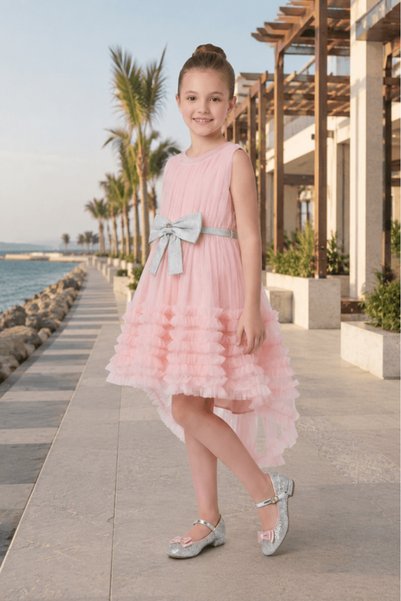 Alesaei-mondo tondo Girls' light pink crinkled tulle evening dress with asymm...