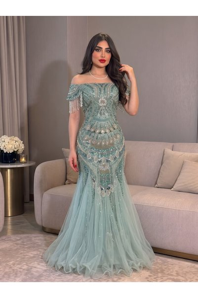 MANGONA Light Green / Tiffany Long Evening Dress with Off Shoulder Design