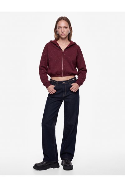 Koton Üç İplik Şardonlu Uzun Kollu Fermuarlı Kapüşonlu Taşlı Sweatshirt