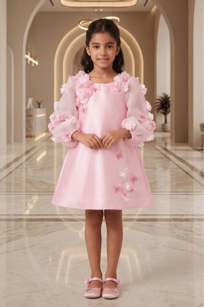 Alesaei-mondo tondo Girls' luxury light pink satin evening dress 7394