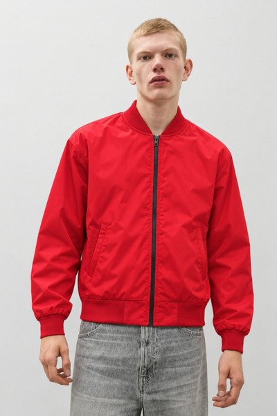DAMGA JEANS Ανδρικό Μπουφάν Bomber με Φερμουάρ, Εποχιακό, Ριμπ, Κόκκινο