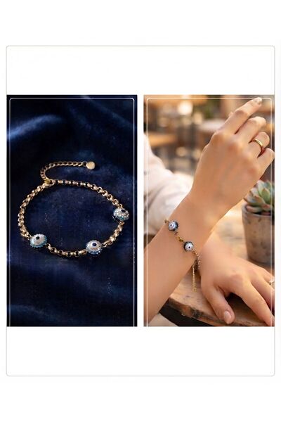 HOŞGÖR ACCESSORIES سوار من الفولاذ مزين بحجر الزركون وقلادة على شكل عين الحماية.