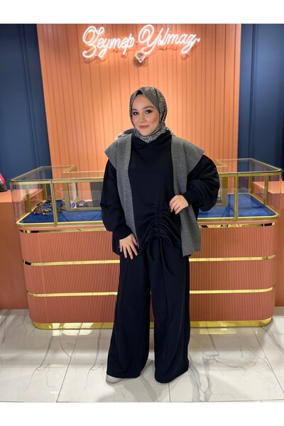 By Zeynep Yılmaz Navy Blue Hooded Set with Ruched Front