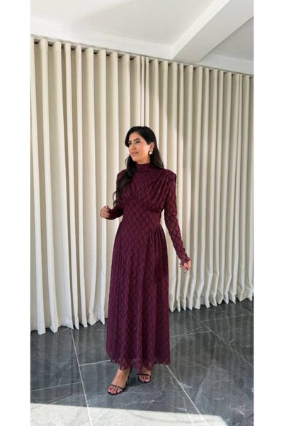 maf collection فستان سهرة طويل للنساء، باللون العنابي، بياقة على شكل حرف V، م...