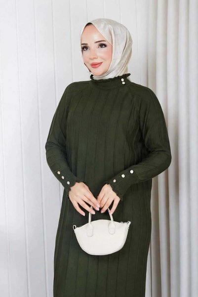 Pamuk Butik Women's Block Patterned Mercerized Knitwear Dress with Stone Collar