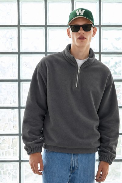 DAMGA JEANS Ανδρικό χειμερινό φλις σε χρώμα καπνιστού γκρι με μισό φερμουάρ κ...