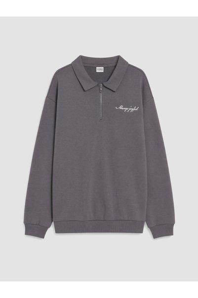 LC Waikiki Lcw Kids Grey Polo Collar Boys' Sweatshirt with Nevavm Design