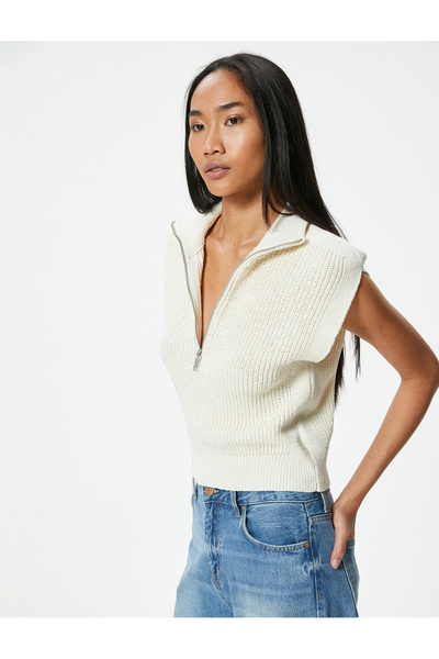 Koton Women's Zippered Sweater with a Stand-Up Collar.