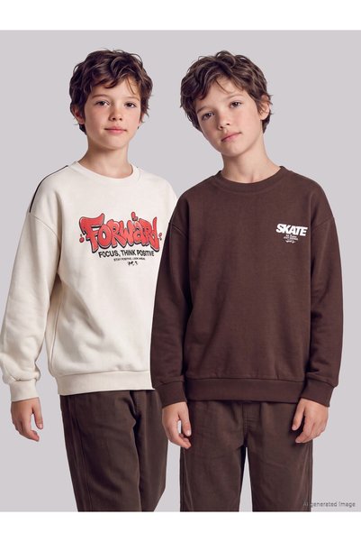 LC Waikiki Lcw Kids Beige 2-Piece Oval Collar Boys' Sweatshirt with Nevavm De...