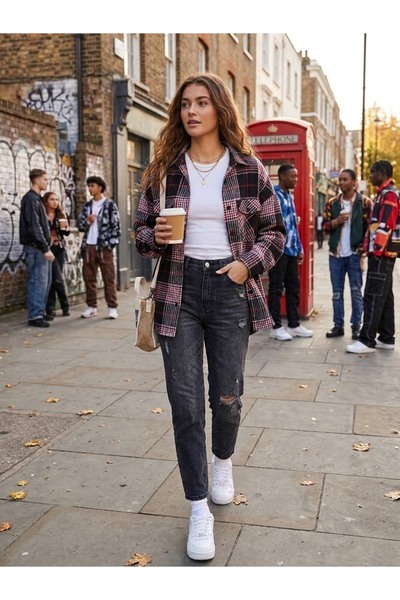 Polologin Butik Kadın Kırmızı Siyah Ekose Oversize Oduncu Gömlek Ceket - Shacket