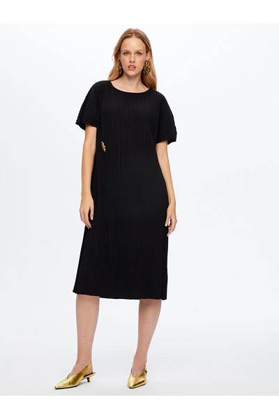 Faik Sönmez Women's Self-Pleated Knitted Black Bag Dress Uw26Elb025