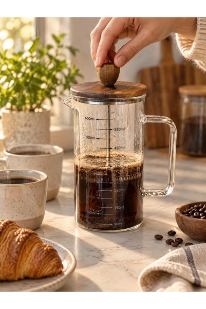 Squala Home French Press 600 Ml, Acacia Wood Lid, Borosilicate Glass, for Bre...
