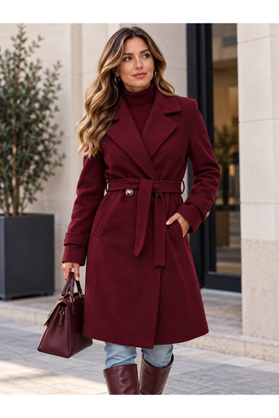 Generic Brand Palton dama elegant bordo cu cordon si revere