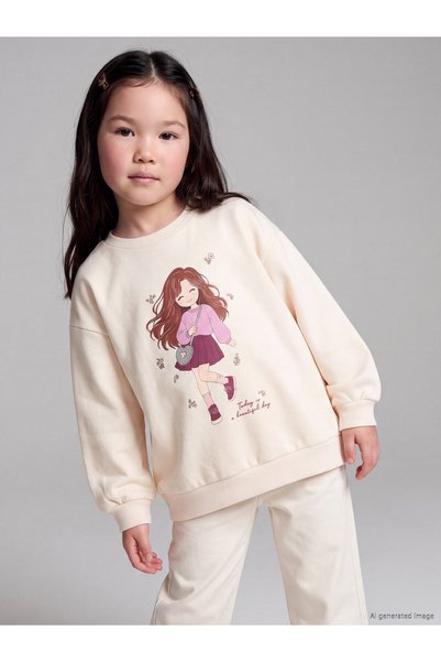 LC Waikiki Lcw Kids Ecru 3-Thread Brushed Printed Standard & Regular Girls' S...