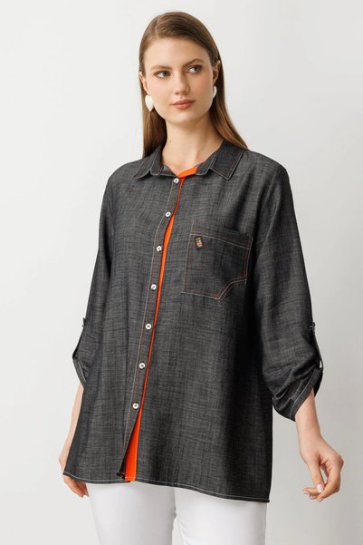 Ekol Women's Black Button-Down Shirt with Pockets 03962