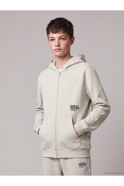 LC Waikiki Lcw Kids Beige Boys' Thick Zippered Sweatshirt with Nevavm Design.