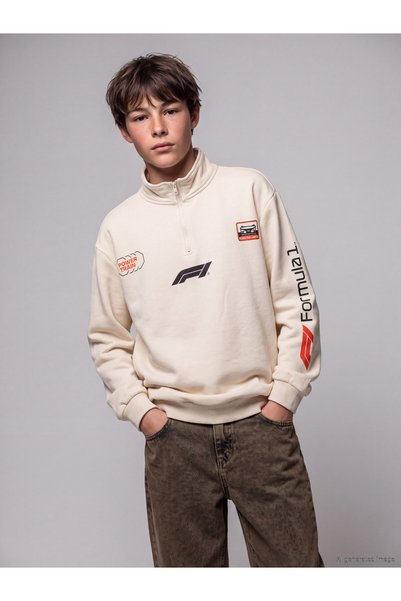 LC Waikiki Lcw Kids Beige Formula 1 Boys' Sweatshirt with Nevavm Design.