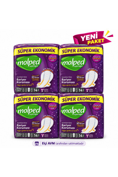 Molped SuperNight Süper Gece Hijyenik Ped 14'lü x 4 Paket 56 Adet - 3D Bariyerli Yeni Paket