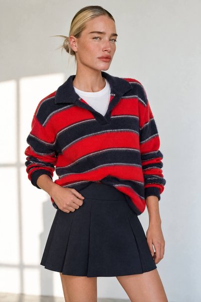 Sue Store Red and Navy Blue Wool Textured V-Neck Sweater