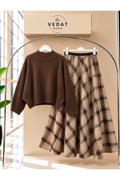 MODA VEDAT Set de bluză din tricot cu detalii de model în ecose și fustă tric...