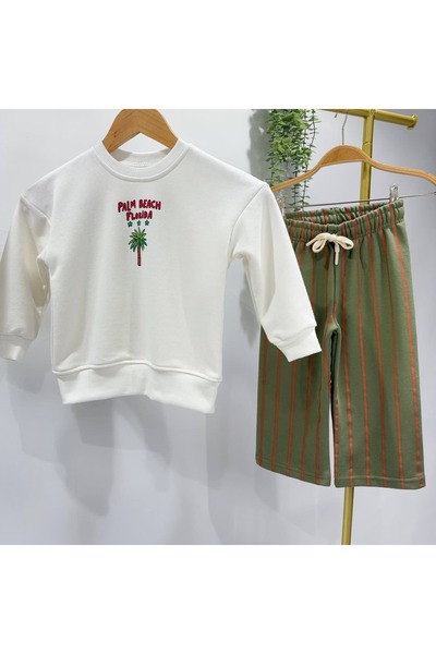 Patriko Boys and Girls Palm Tree Printed 3-Thread Cotton Sweatshirt Striped Pants Top and Bottom Set
