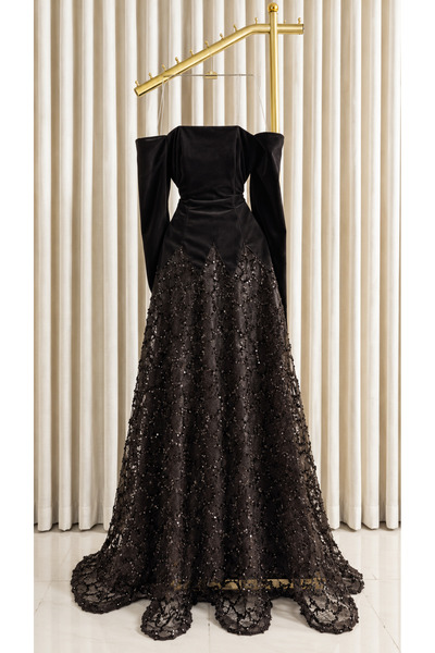 Generic Brand Elegant Lace Embroidery Sequin Long Evening Dress with Puff Sle...