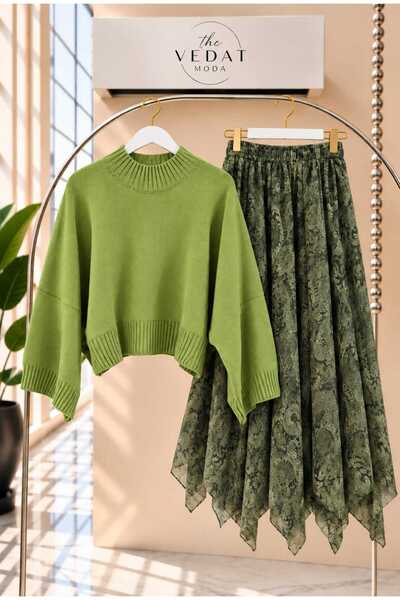 MODA VEDAT Kadın Oversize Triko Bluz - Asimetrik Kesim Tül Etekli Takım -0630