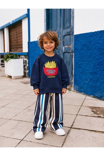 Patriko Boys and Girls Potato Printed Cotton Sweatshirt Striped Pants Top and Bottom Set