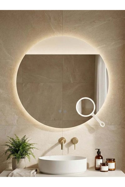 Olivy Oglindă de baie cu LED ⌀ 80 cm rotund cu 3 abajururi, lupă cosmetică, d...