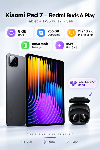Xiaomi Pad 7 8GB 256GB 11.2" 3.2K 144Hz Tablet Gri + Redmi Buds 6 Play TWS Ku...