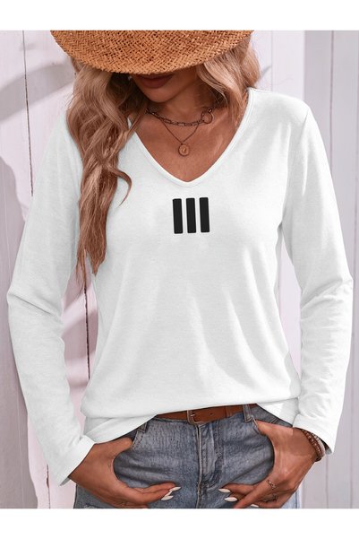 Deocept Μπλούζα T-shirt με στάμπα Mix, V-λαιμόκοψη, μακρυμάνικη, βαμβακερή με...