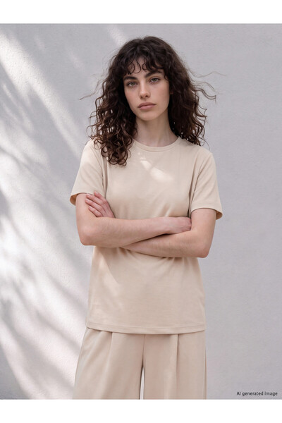 LC Waikiki Lcw Petite Beige Cotton Blend Plain Standard & Regular Short-Sleev...
