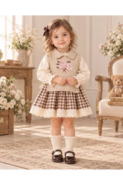 alvadonna kids Knit Vest Plaid Fishtail Detail Baby Girl Dress