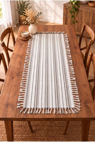 PIRLANTATEXTİLE Cream-Colored, Black, Gray, and Beige Striped Modern Scandina...