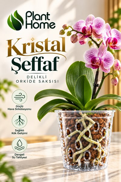 plant-home Şeffaf Delikli Orkide Çiçek Saksısı – Hava Sirkülasyonlu Kök Geliş...