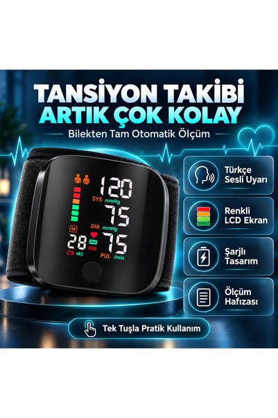 Dijital Türkçe Konuşan Bilekten Tam Otomatik Tansiyon Ölçme Aleti Renkli Akıllı LCD Sesli Uyarı