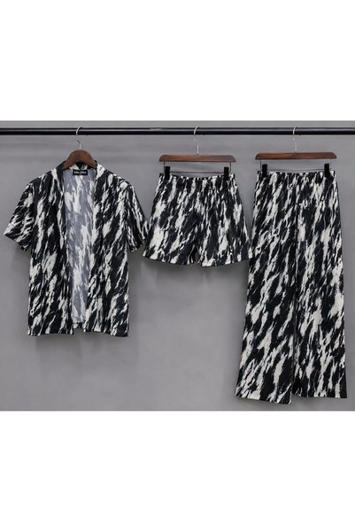 Desenli Kimono 3lü Takım Kimono, pantolon, şort