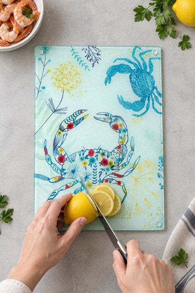 MAKRİ HOME Glass Cutting Board Unbreakable Tempered 25X35 cm Crab Patterned N...