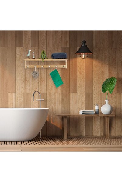 Relaxdays Suport de haine de perete cu raft, 6 cârlige, bambus, 18 x 75 x 16 cm
