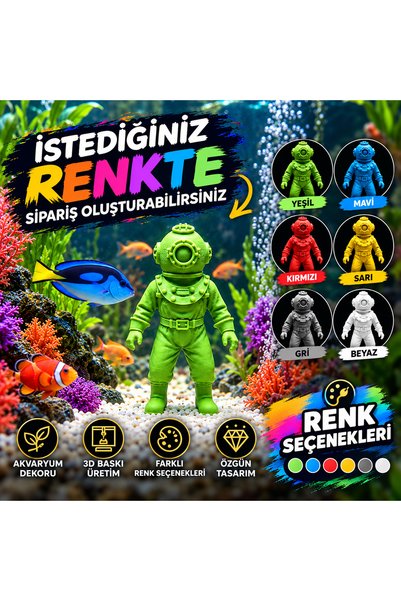 Ofis Dizayn 3D Baskı Yeşil Dalgıç Figürü Dekoratif Akvaryum Süsü