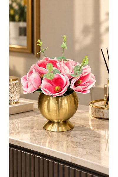 Hinora Home Aranjament floral artificial cu magnolii roz, 25CM, în vază metal...