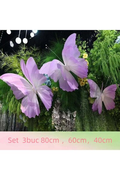 Ruyidecor Set 3 fluturi decorativi, mov, 80/60/40 cm