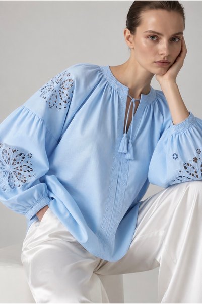 Blue Shirt Mavi İngiliz Nakışlı Balon Kol Kadın Bluz