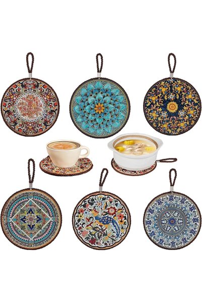 Yelajoy Round Placemats Set of 6 Ceramic Table Placemats with Cork Base，Heat-...