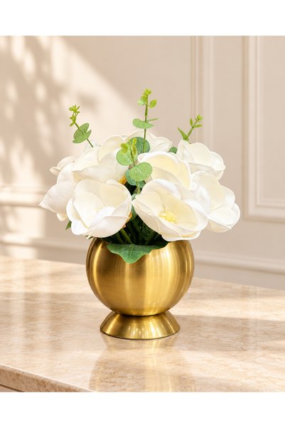Hinora Home Aranjament floral artificial cu magnolii albe, 25CM, în vază meta...