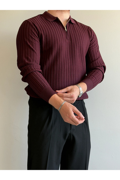 HAVANNA Men's Polo Collar Zippered Ribbed Knit Sweater Regular Fit Long Sleeve